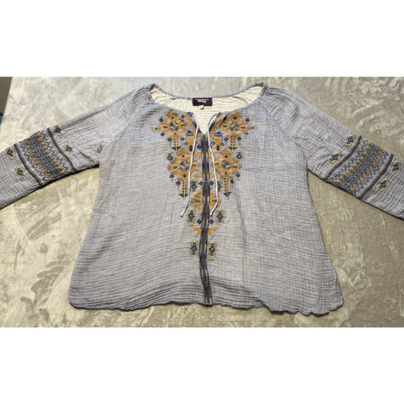 Johnny Was Chambray Floral Embroidered Top Bell Sleeve Boho Size Large Women's - Picture 3 of 14